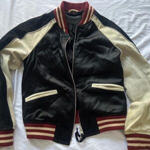 All Saints Black and Cream Bomber Jacket with Red Accents